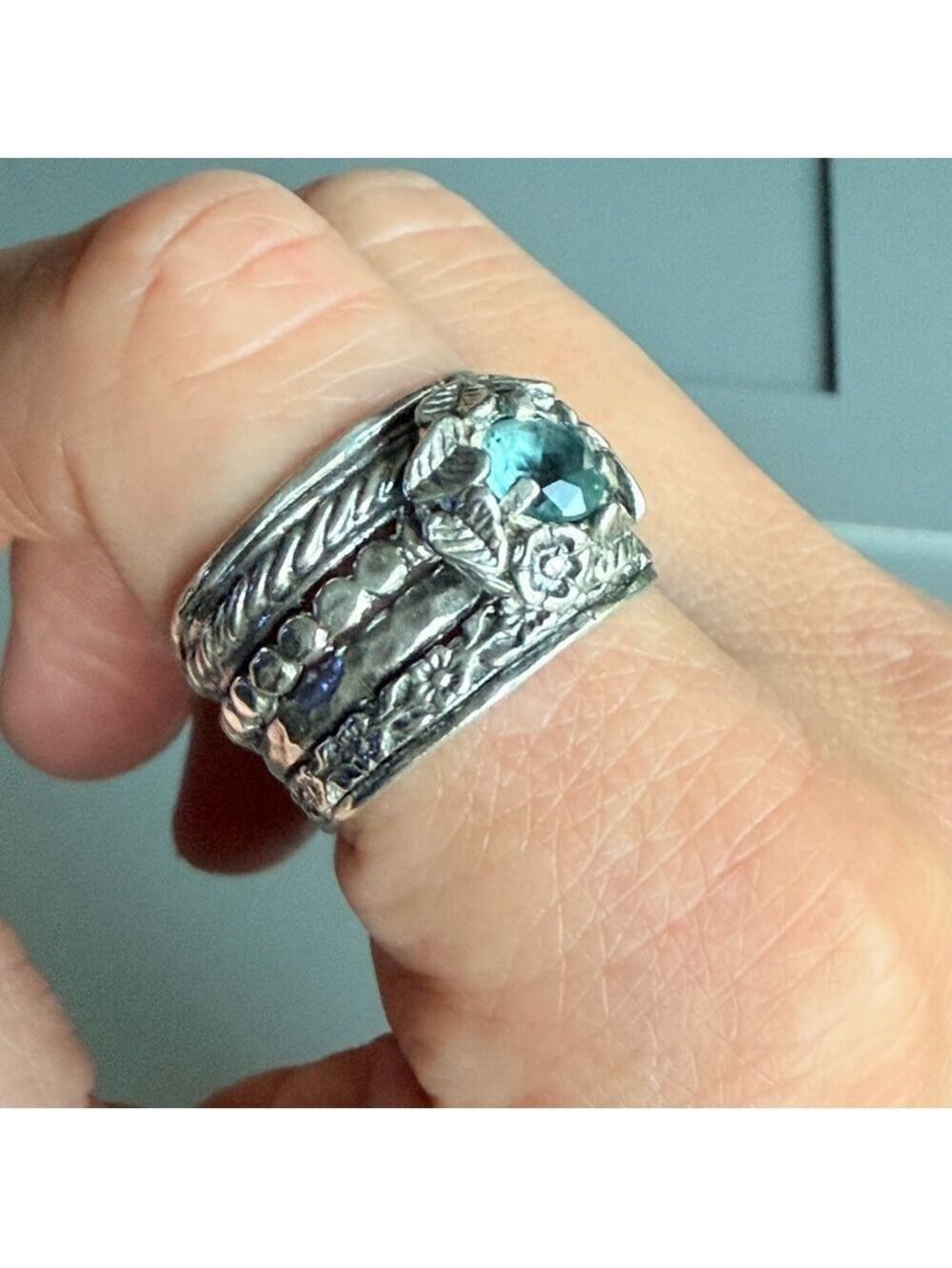 Aquamarine Floral Multiple Textured Detail Ornate Sterling Silver Wide B… - Picture 4 of 9